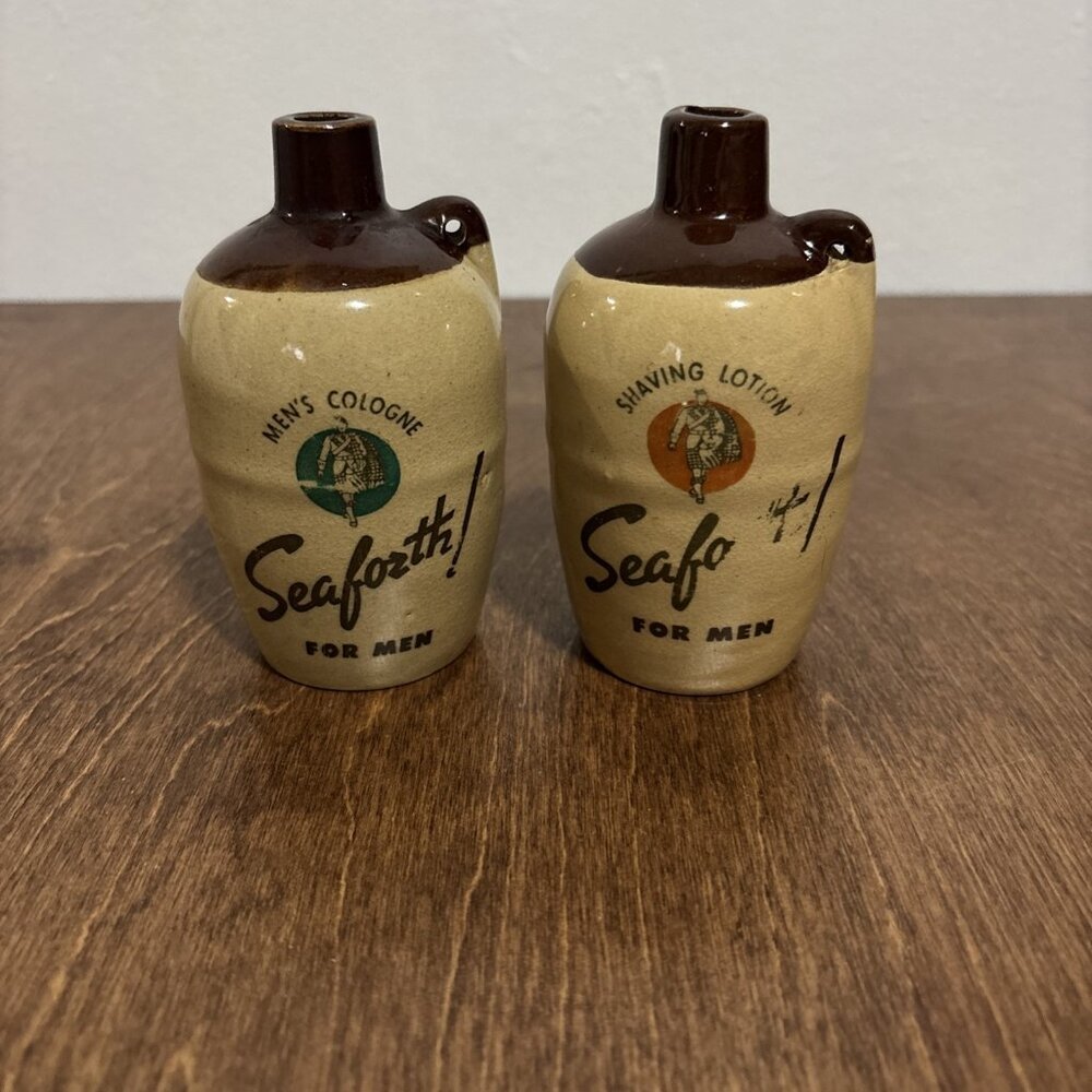Lot of 2 Vintage Seaforth Bottles Cologne After Shave Empty Jug 4‎ oz Decor Tan